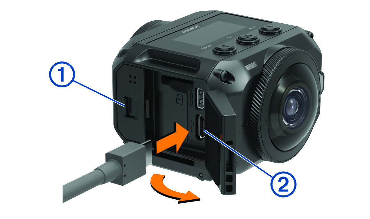 Micro-USB cable insertion into camera with arrows and callouts