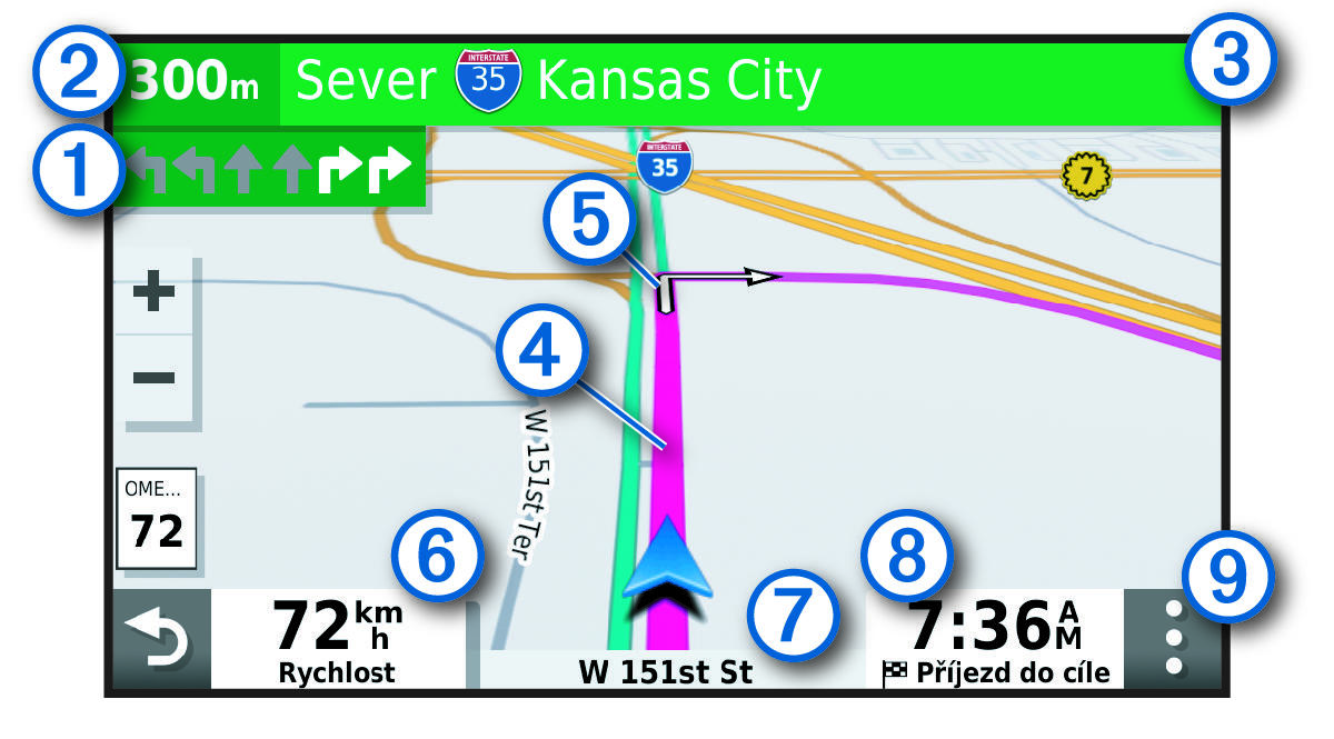 Active route on a navigation map with callouts