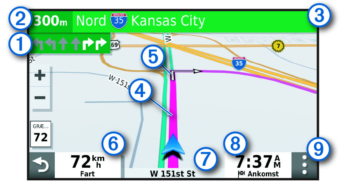 Active route on a navigation map with callouts