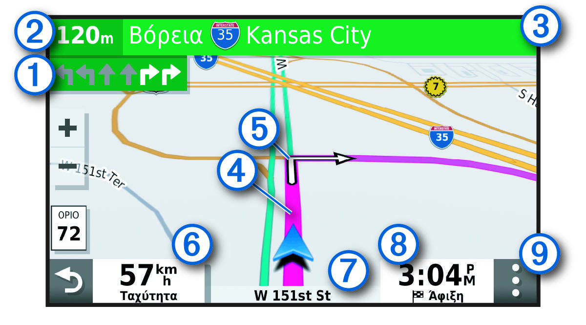 Active route on a navigation map with callouts