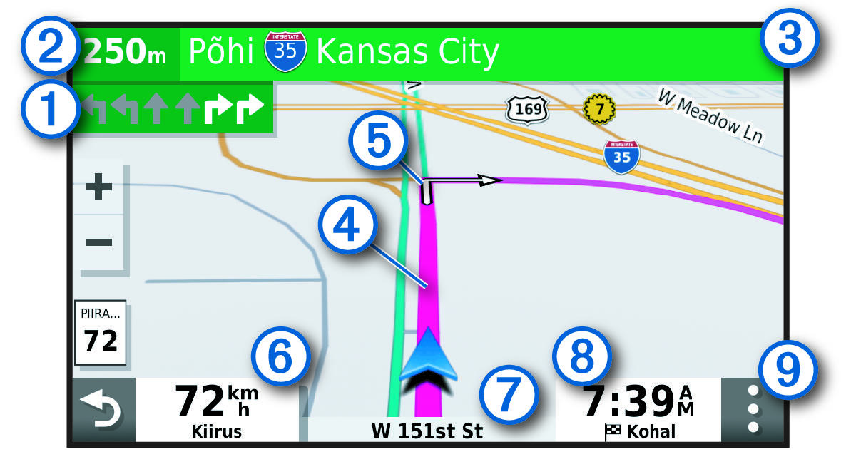 Active route on a navigation map with callouts