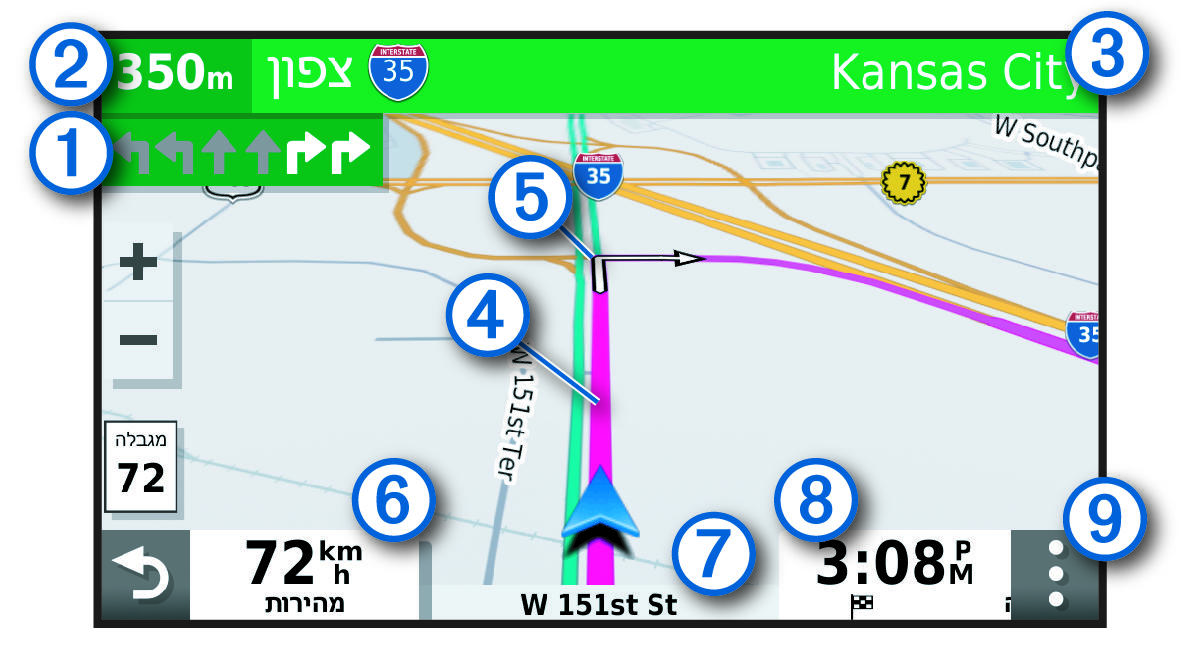 Active route on a navigation map with callouts