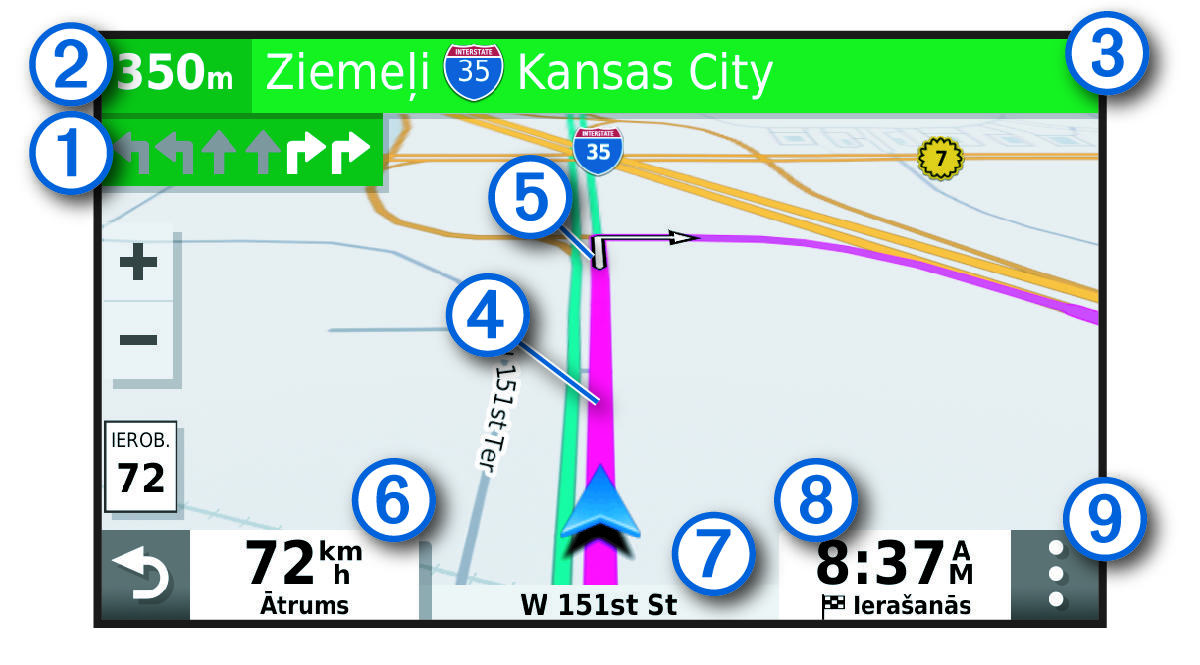 Active route on a navigation map with callouts