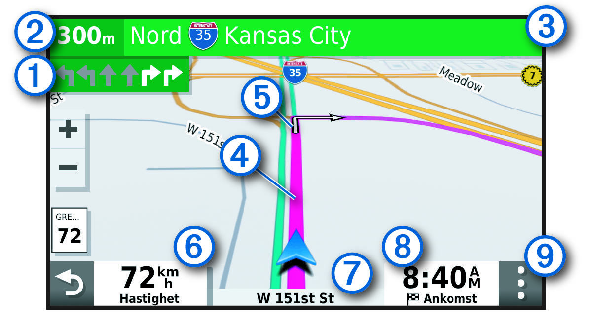 Active route on a navigation map with callouts