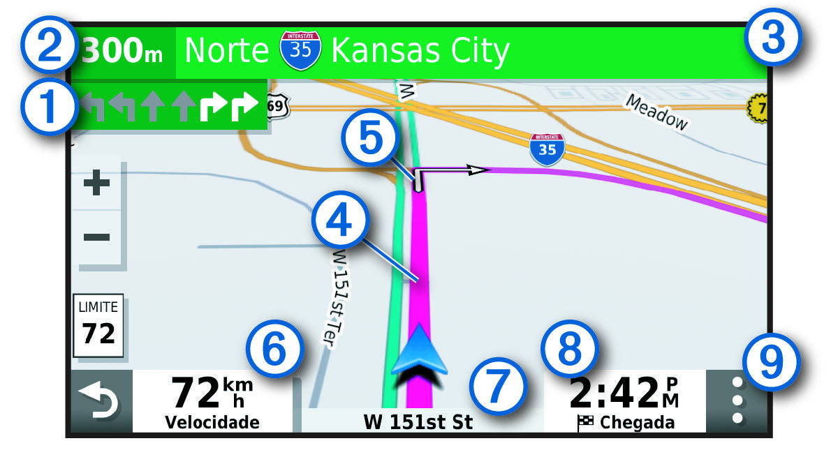 Active route on a navigation map with callouts