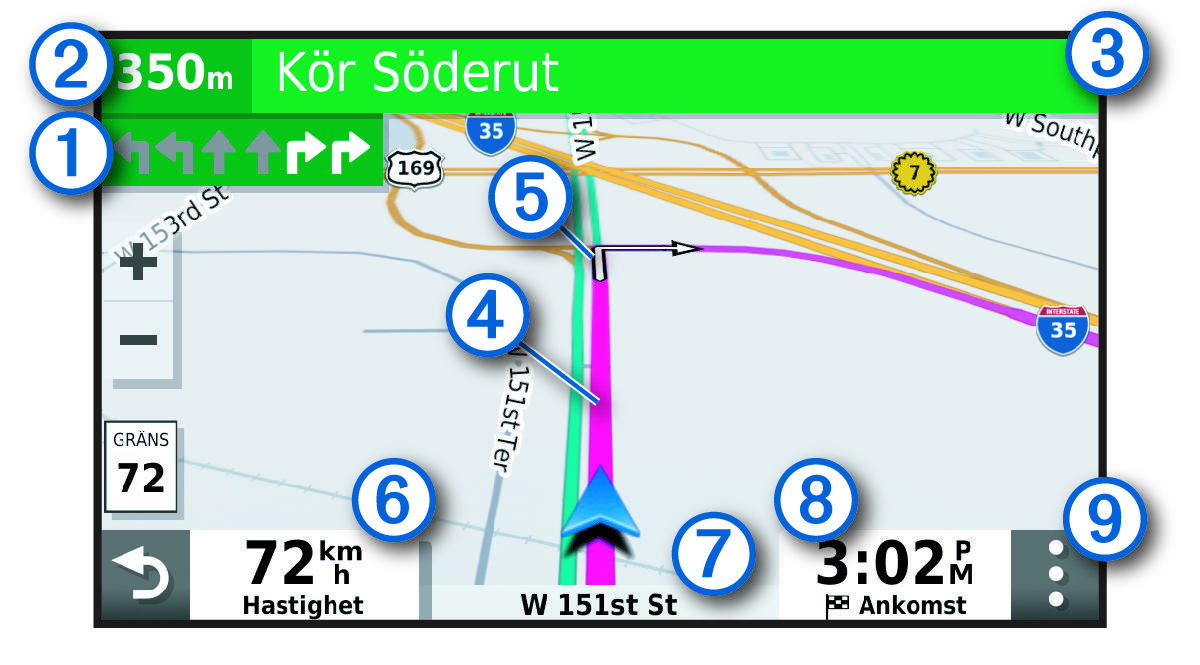 Active route on a navigation map with callouts