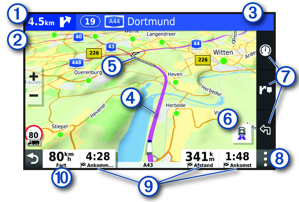 Aktiv rute på navigationskortet med billedforklaringer