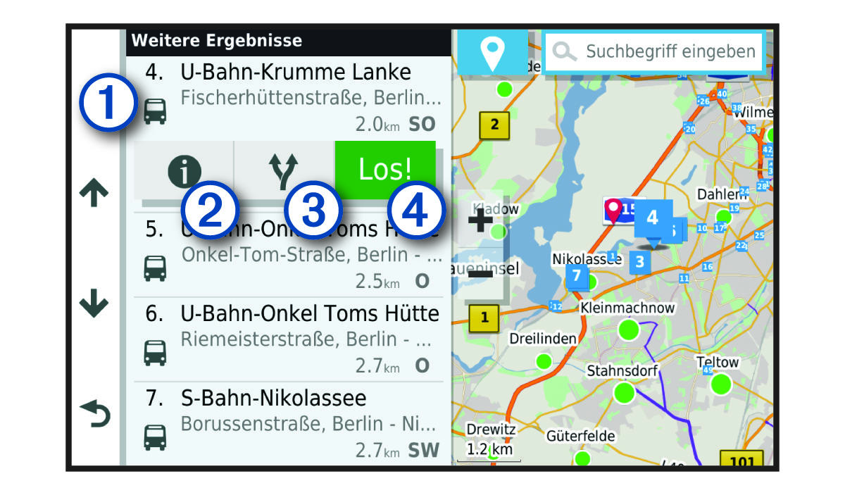 Ergebnisliste der Positionssuche mit Beschriftungen