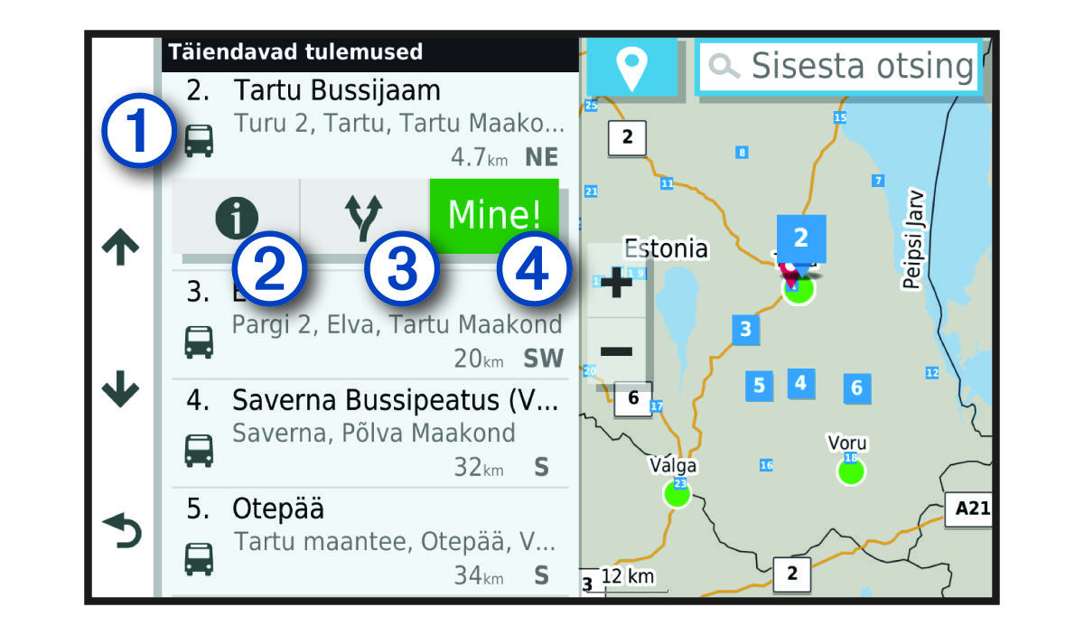 Asukoha otsingu tulemused koos tähistega