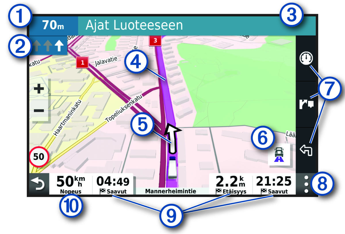 Aktiivinen reitti navigointikartassa ja numerot