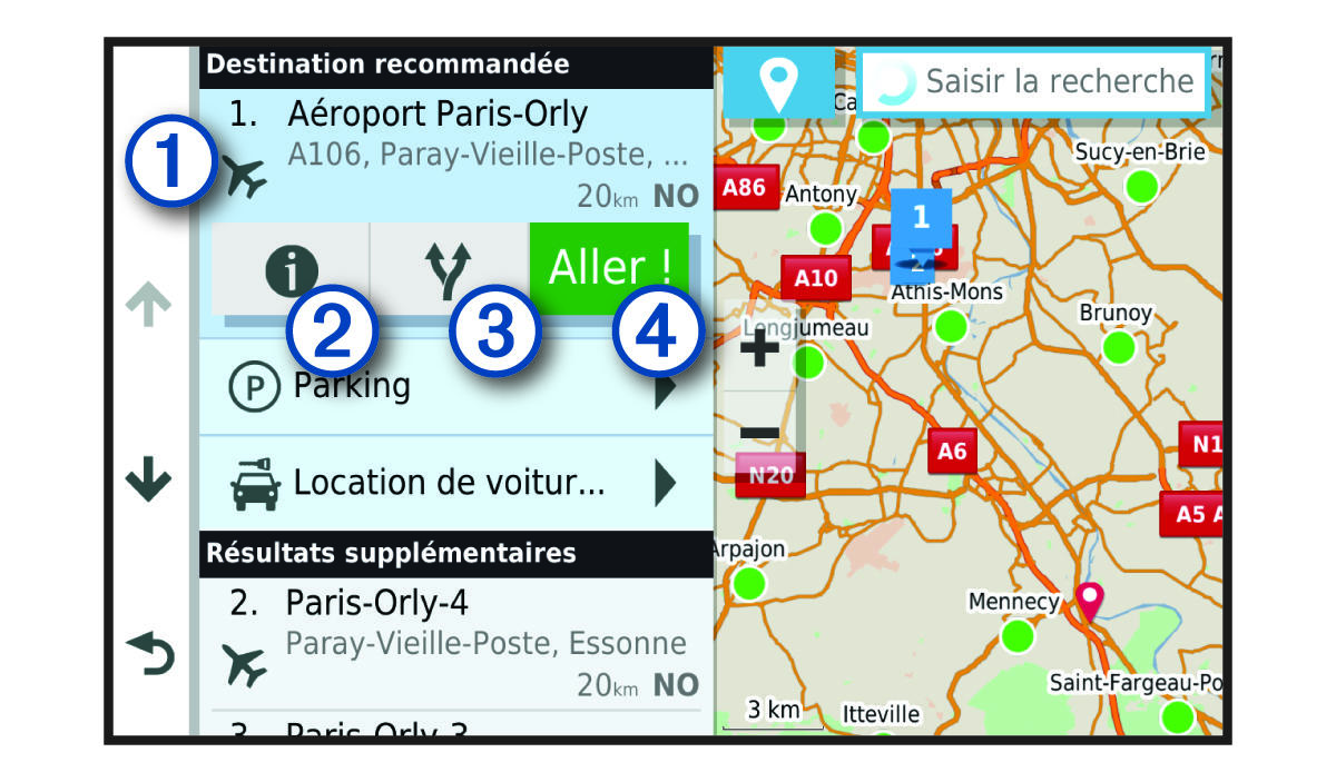 Liste des résultats de recherche de position avec légendes