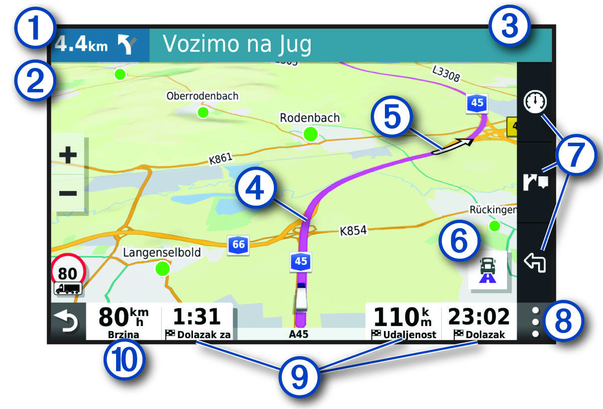 Aktivna ruta na navigacijskoj karti s legendom