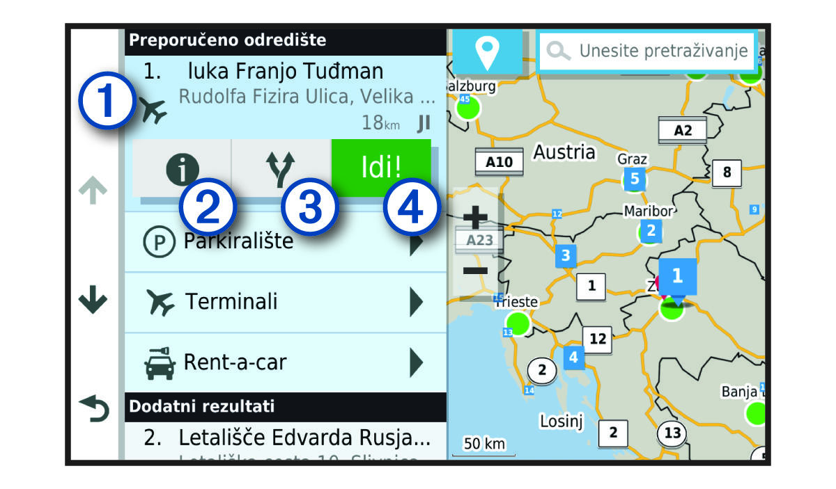 Rezultati pretraživanja lokacija na popisu s legendom