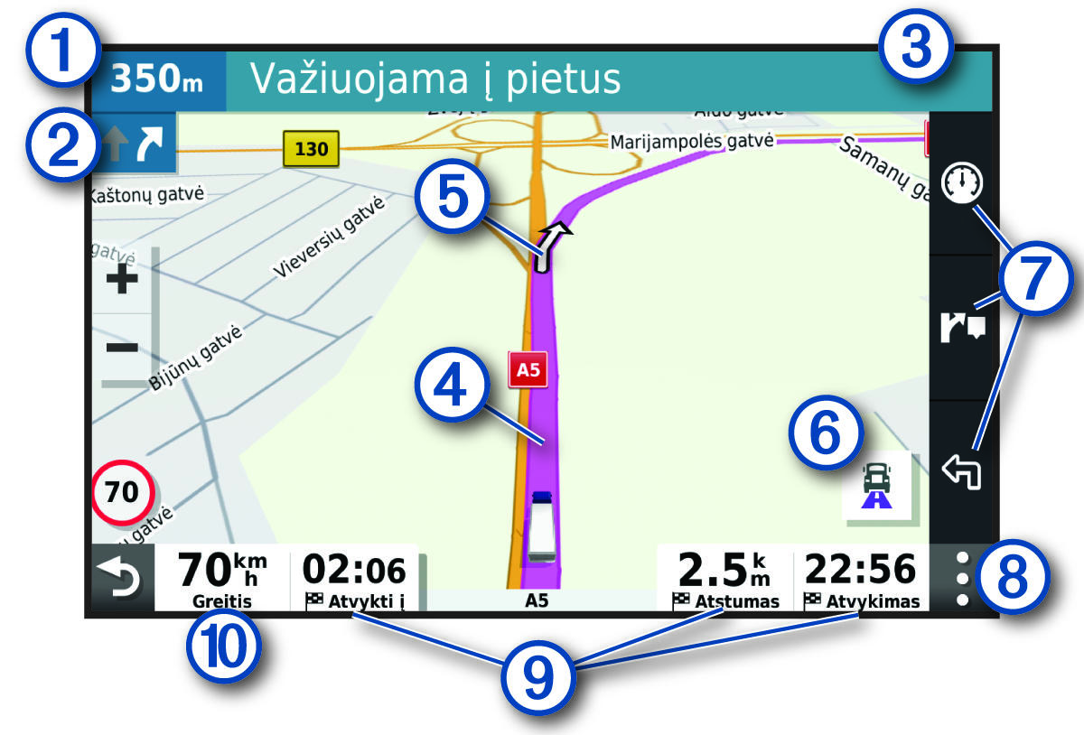 Aktív útvonal a navigációs térképen, jelölésekkel