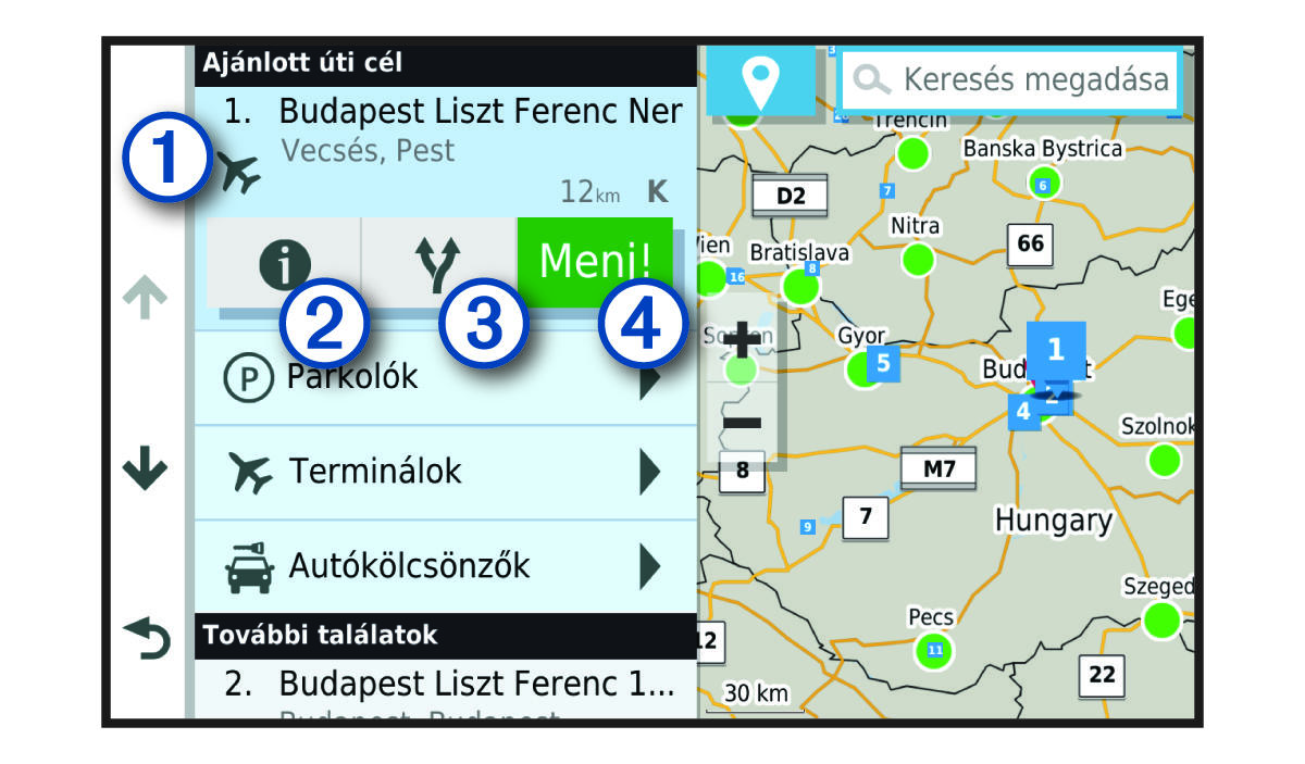 Helykeresési találatok listája, jelölésekkel