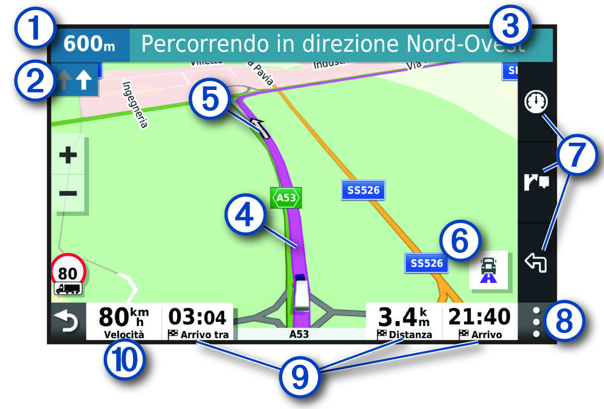 Percorso attivo sulla mappa di navigazione con annotazioni
