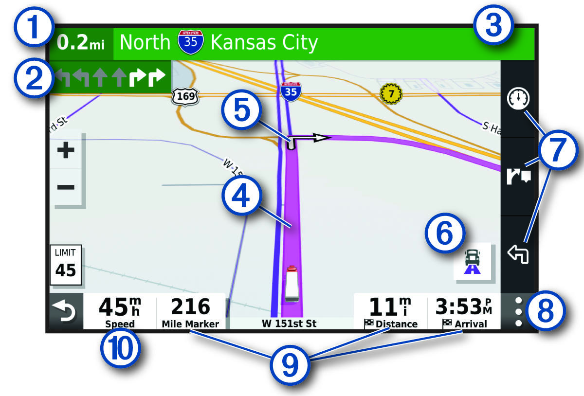 설명선이 있는 내비게이션 지도의 활성 루트