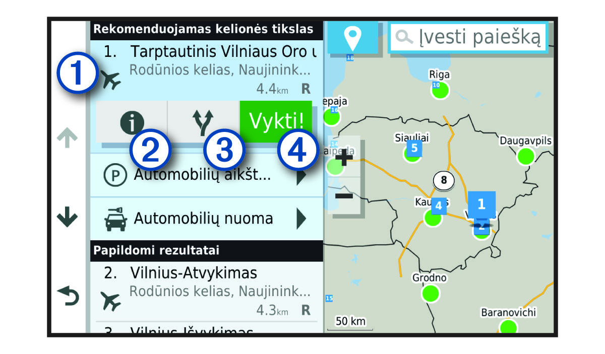 Vietų paieškos rezultatų sąrašas, su išnašomis