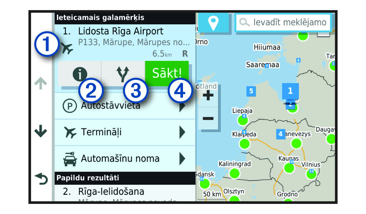 Atrašanās vietas meklēšanas rezultātu saraksts ar remarkām