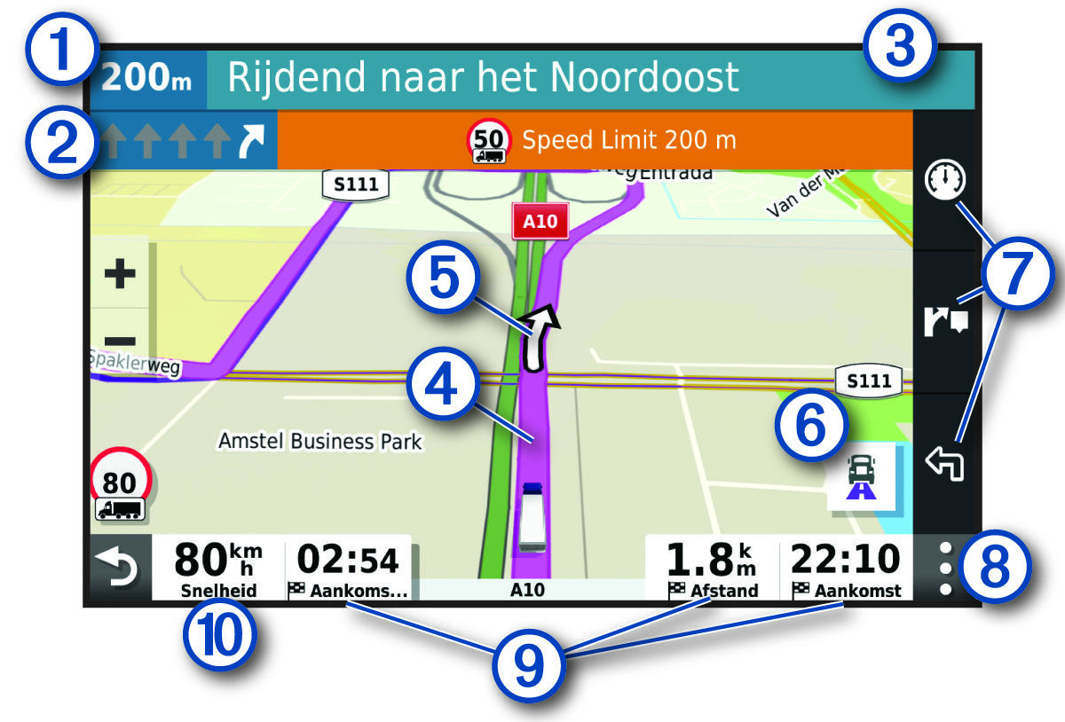 Actieve route op de navigatiekaart met toelichtingen