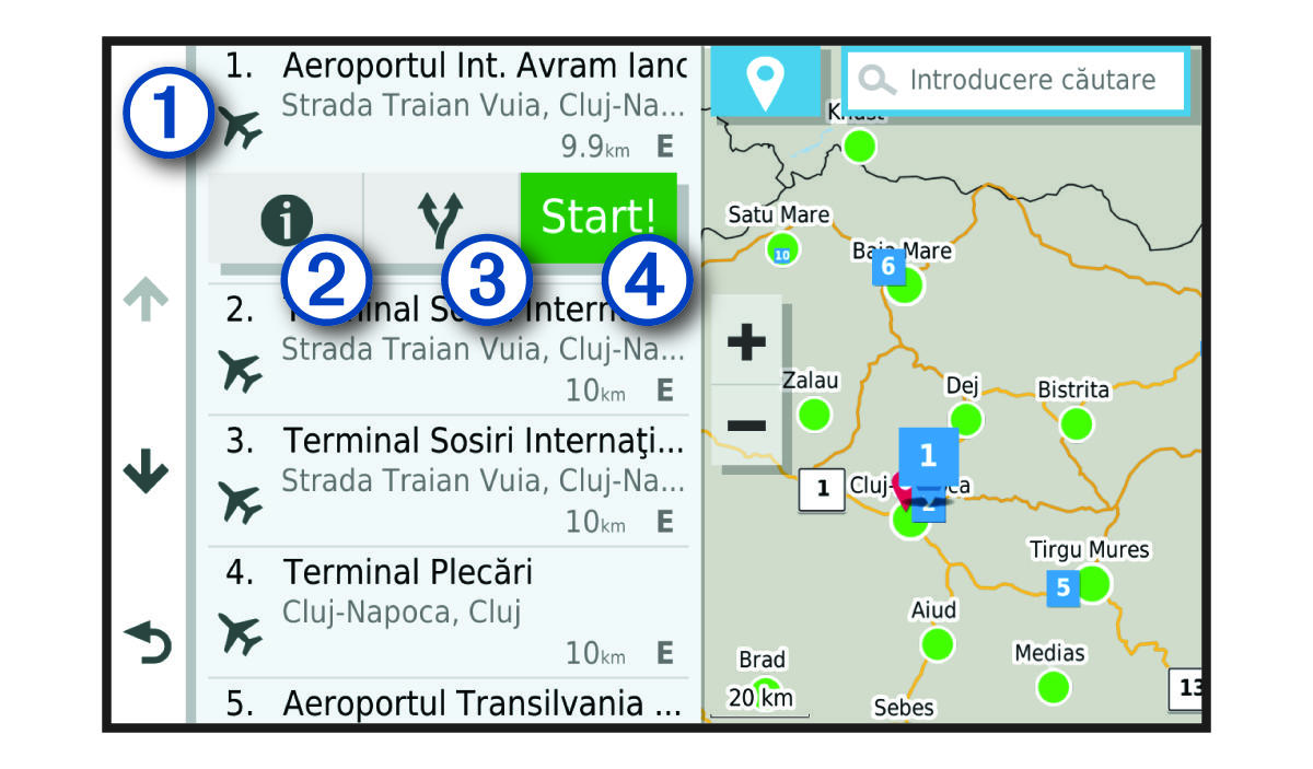 Listă cu rezultatele căutării unei locaţii, cu explicaţii