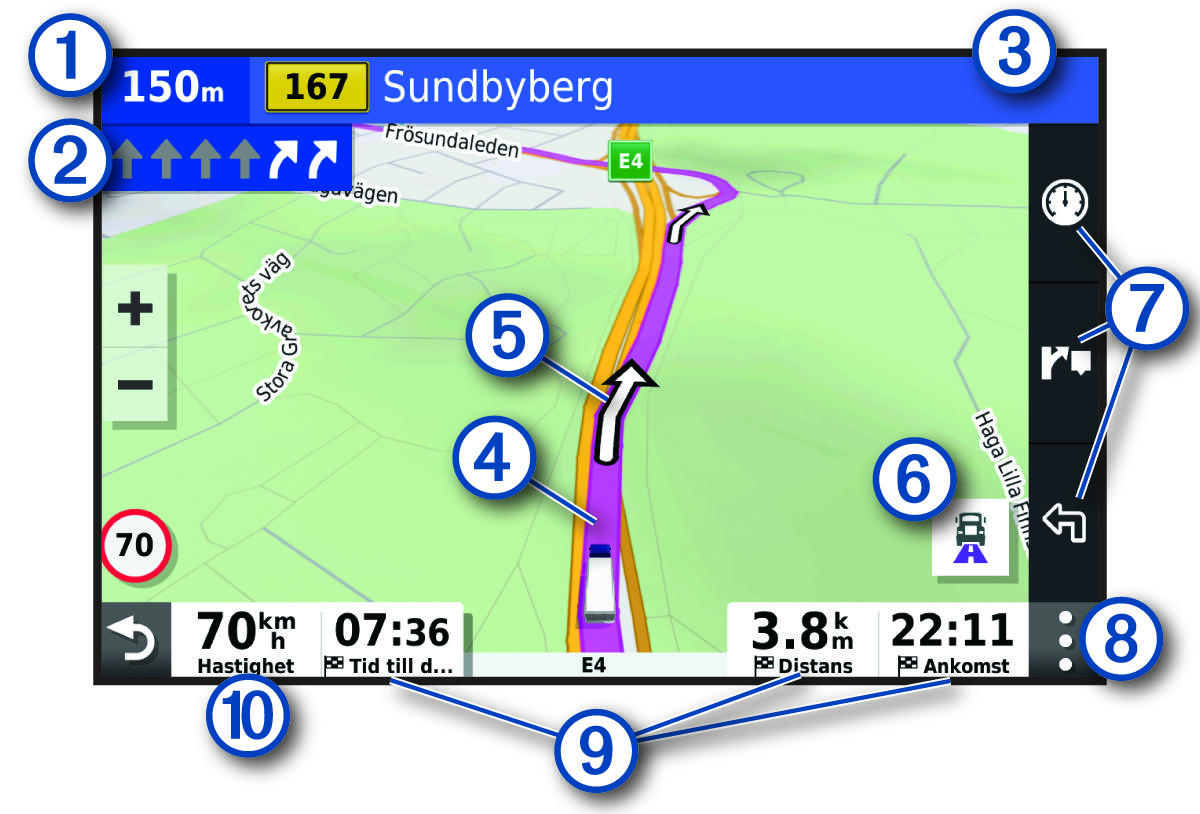 Aktiv rutt på navigeringskartan med bildtexter