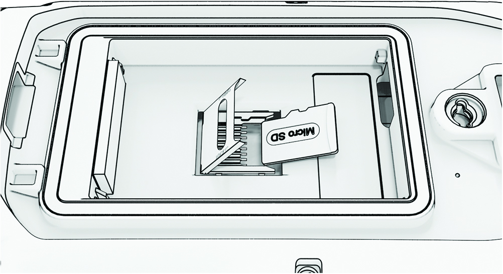 Back view of the device with the battery removed, showing memory card installation