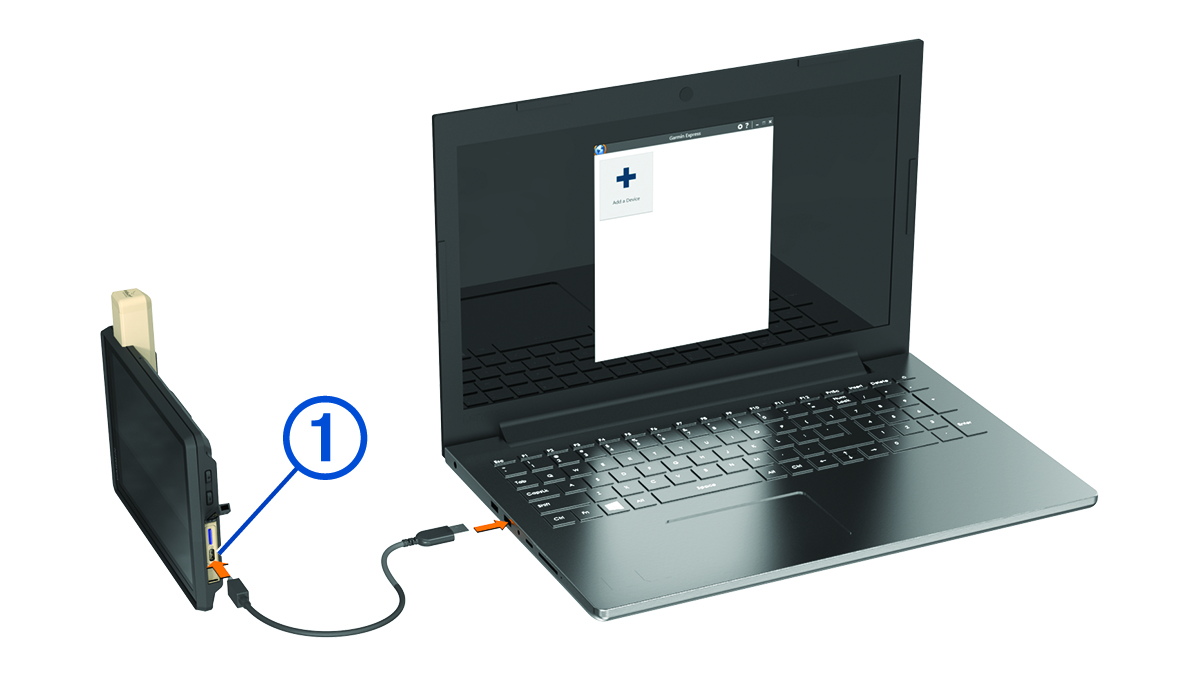 Device connected to a laptop with a USB cable and with a callout
