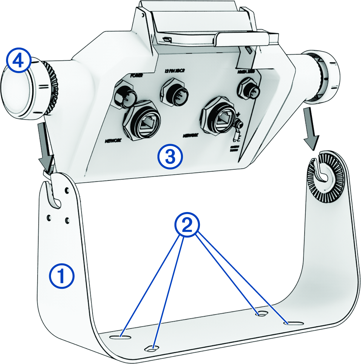 Cradle and bail mount installation with callouts