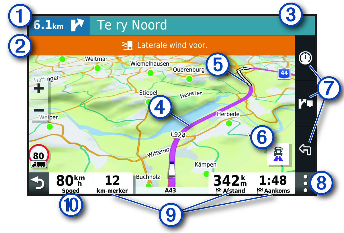 Aktiewe roete op die navigasiekaart met byskrifte