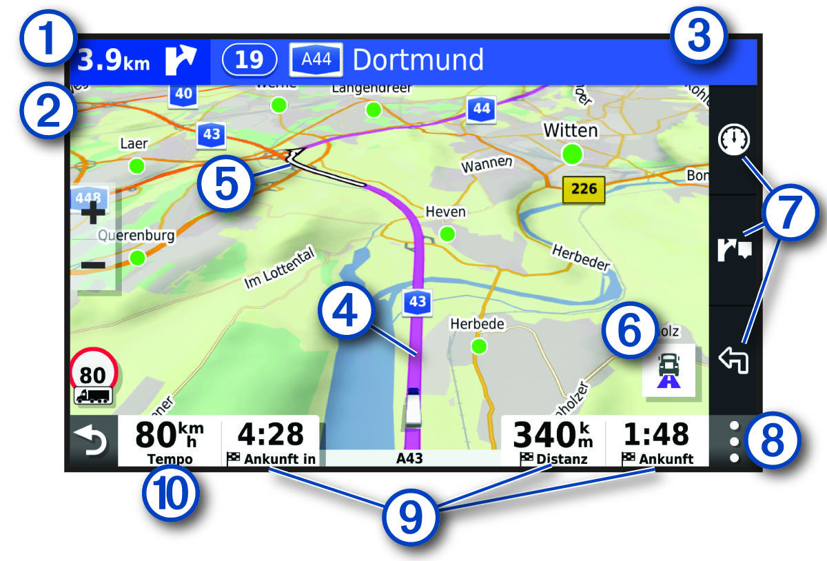 Aktive Route auf der Navigationskarte mit Beschriftungen