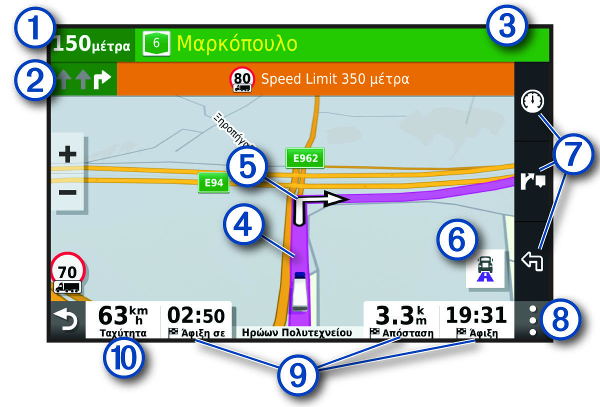 Ενεργή πορεία στον χάρτη πλοήγησης, μαζί με επεξηγήσεις