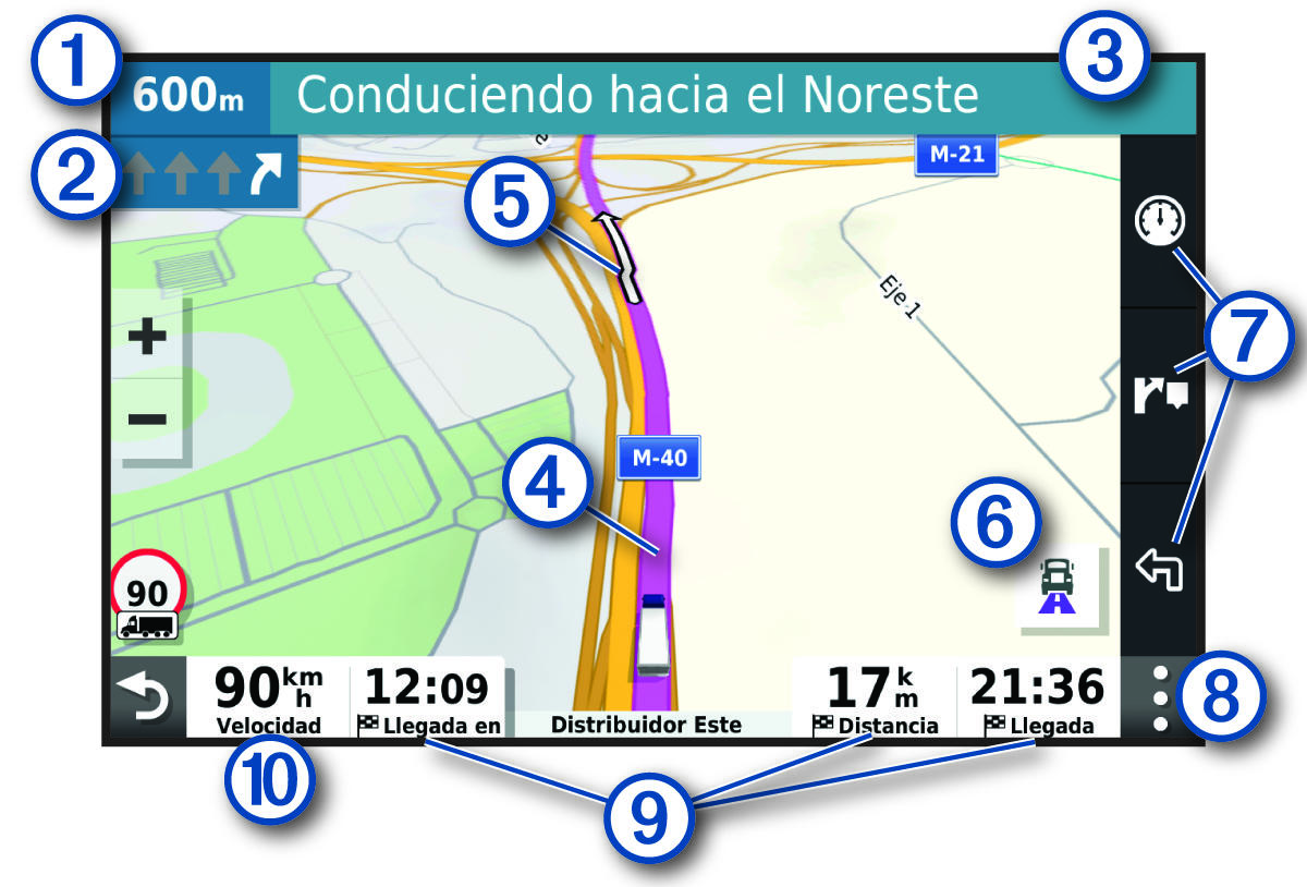 Ruta activa en el mapa de navegación con anotaciones