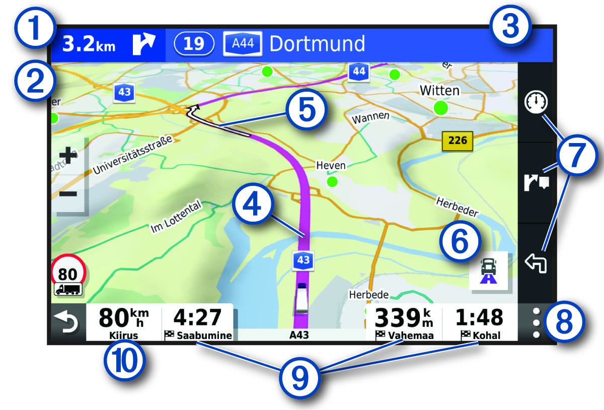 Aktiivne marsruut navigatsioonikaardil koos tähistega