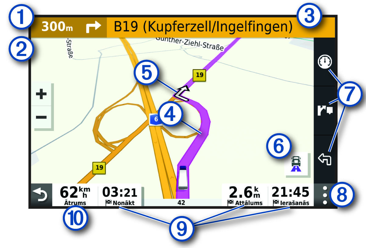 Aktīvs maršruts navigācijas kartē ar remarkām