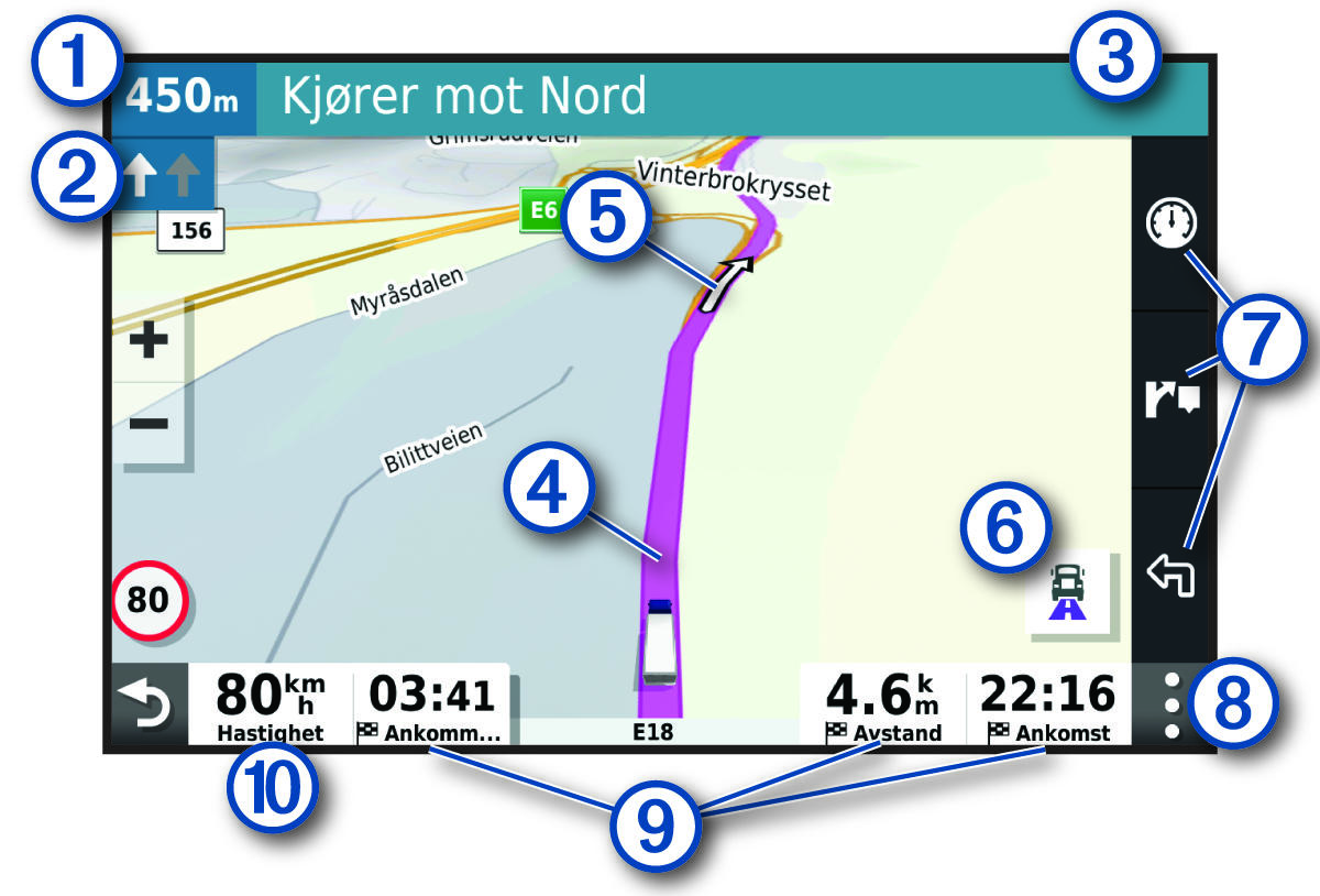 Aktiv rute på navigasjonskartet med merknader