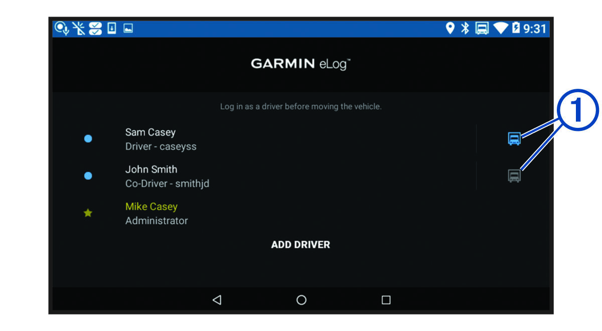 Hoofdmenu van Garmin eLog app met een toelichting