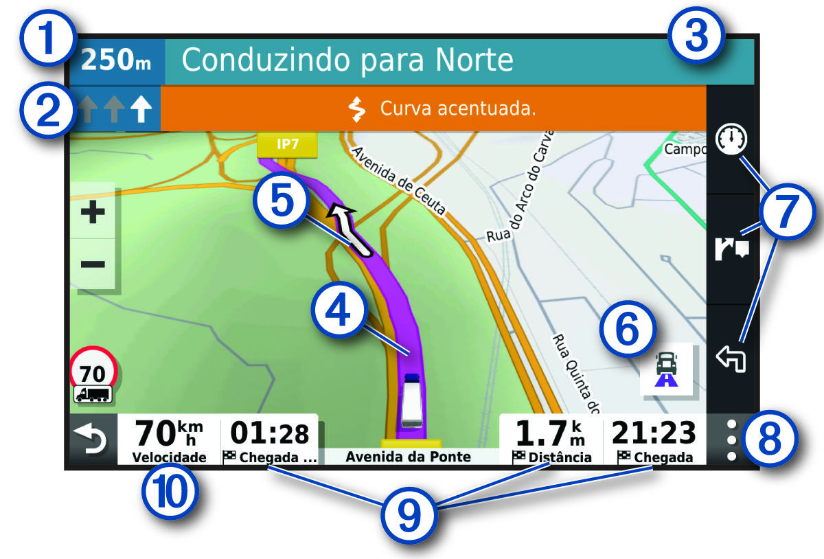 Rota ativa no mapa de navegação com anotações