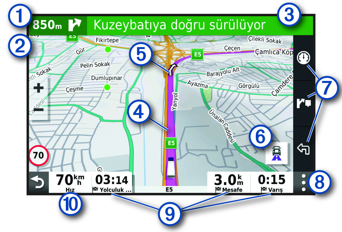 Açıklamalarla birlikte navigasyon haritasındaki etkin rota