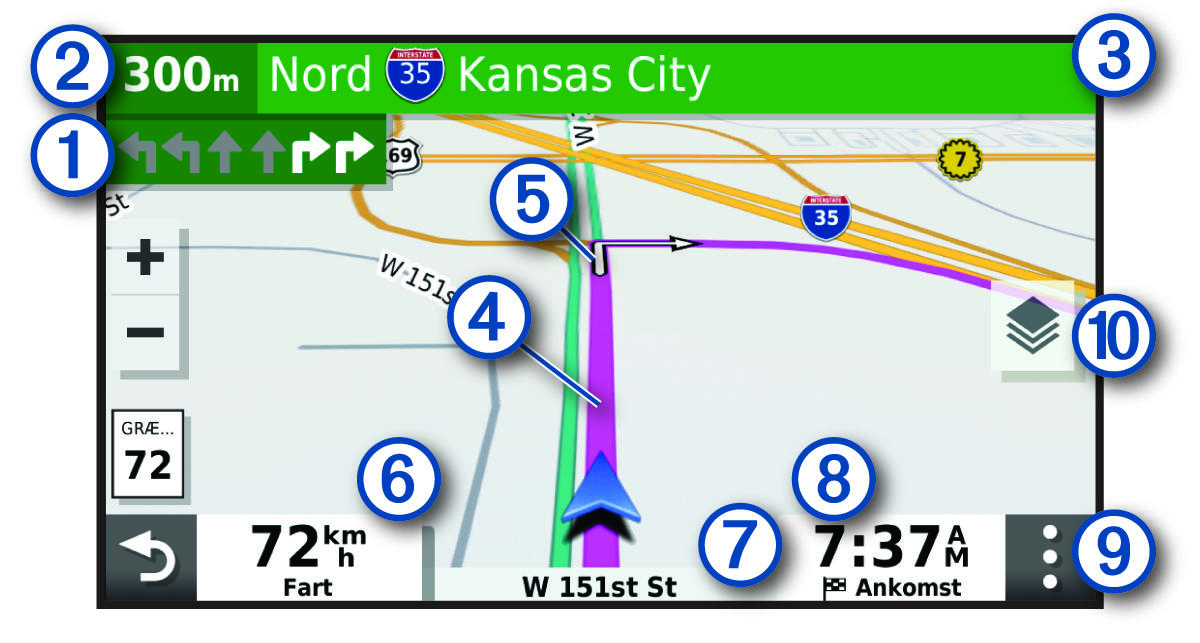 Aktiv rute på et navigationskort med billedforklaringer