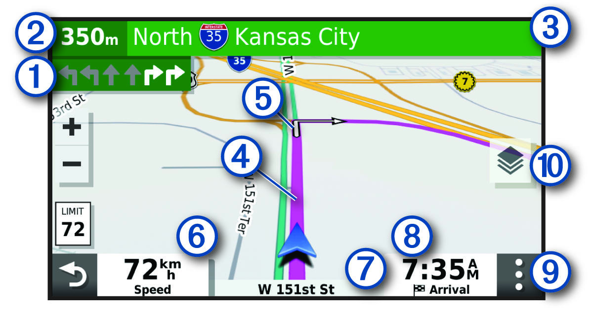 Active route on a navigation map with callouts