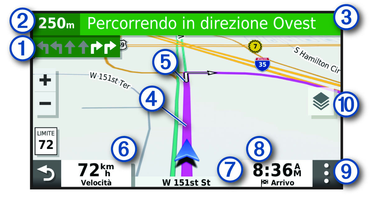 Percorso attivo su una mappa di navigazione con annotazioni