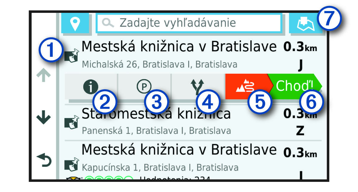 Zoznam výsledkov vyhľadávania polohy s popismi