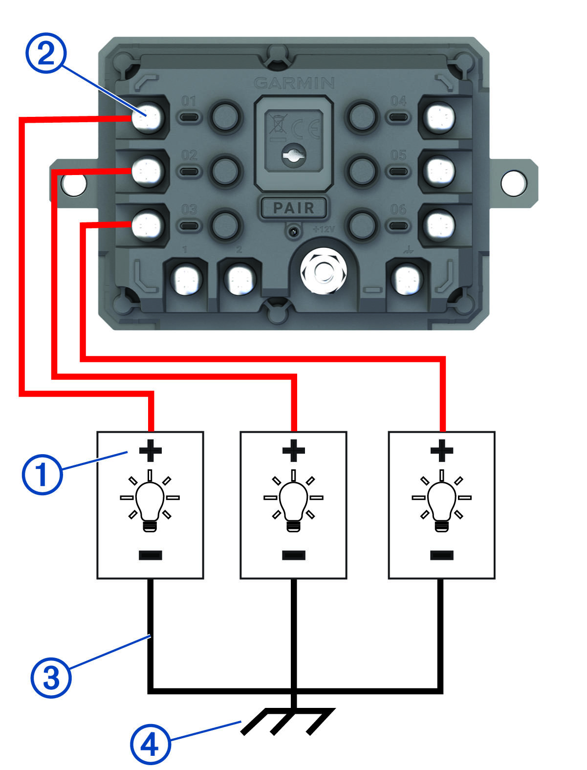 Wiring diagram of power and ground connections with callouts