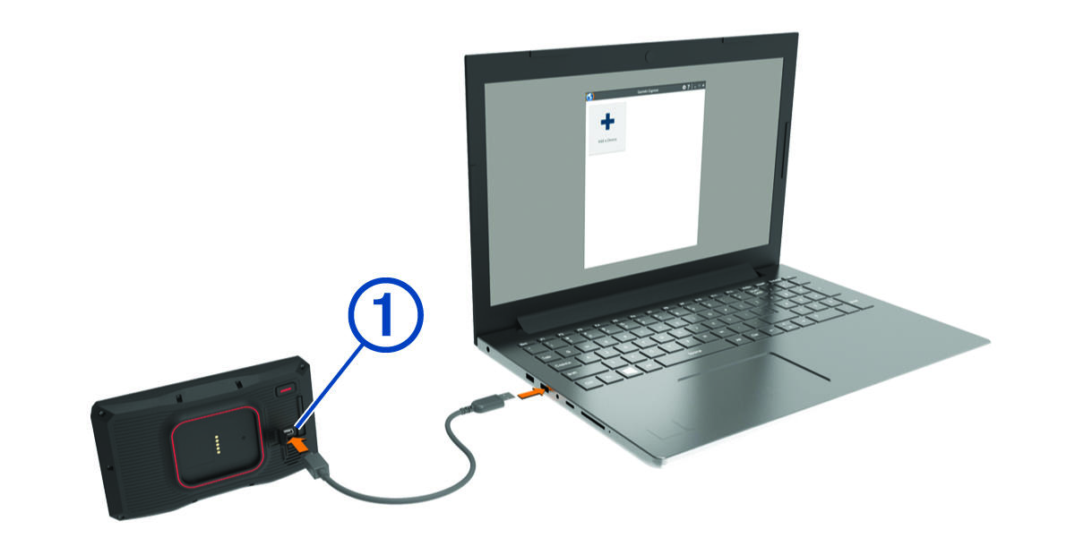 A készülék USB kábel használatával egy laptophoz csatlakoztatva, jelöléssel