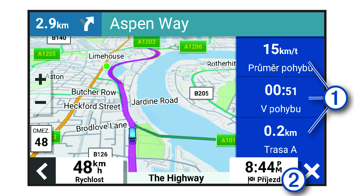 Datová pole trasy na mapě s popisky