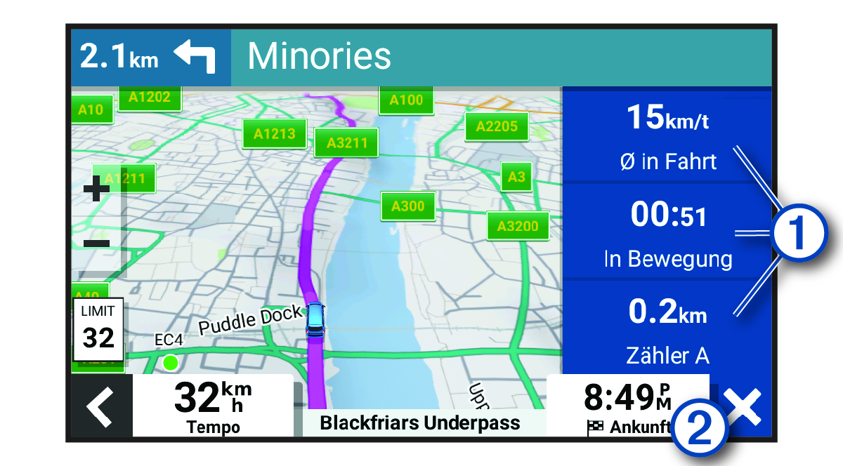 Reisedatenfelder auf Karte mit Beschriftungen