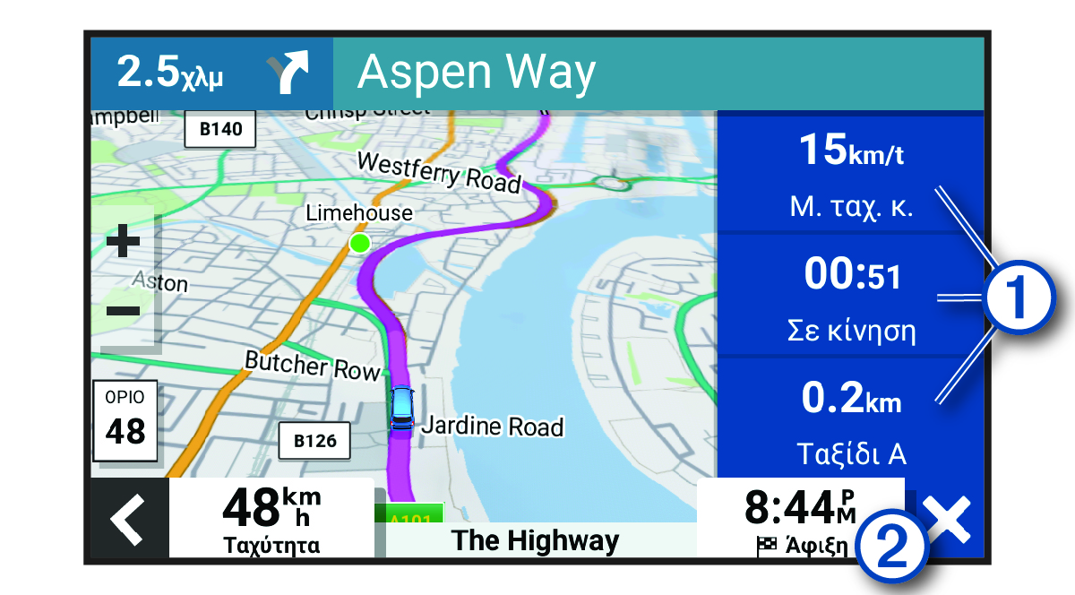 Πεδία δεδομένων ταξιδιού στον χάρτη με επεξηγήσεις