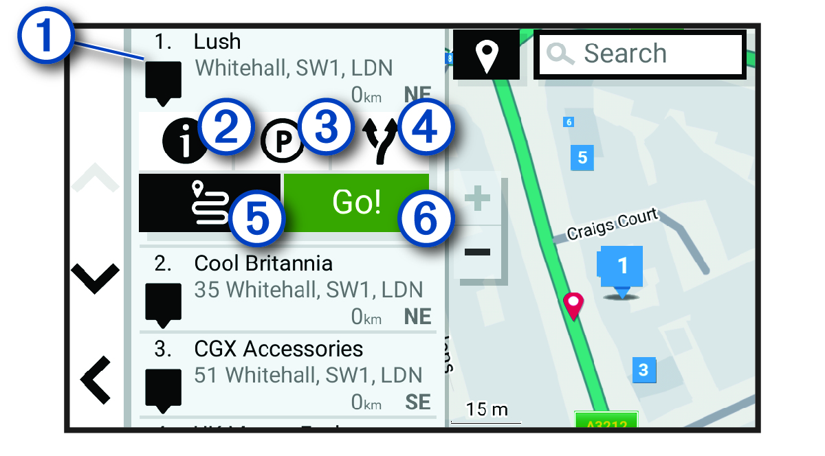Location search results list with callouts