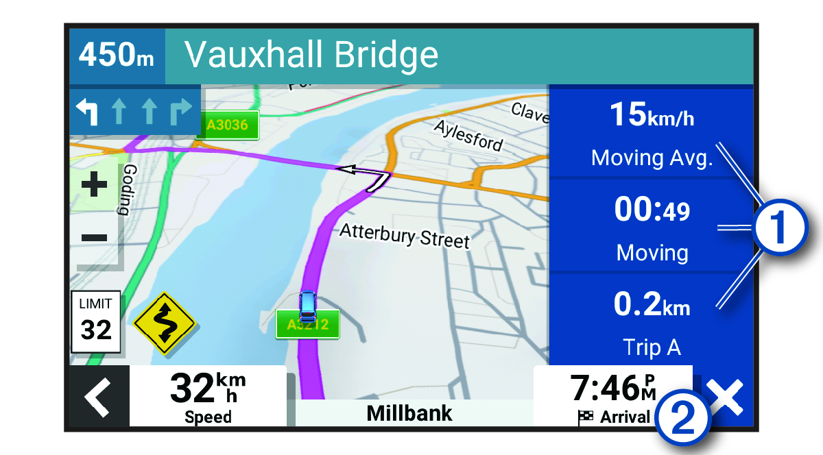 Trip data fields on the map with callouts